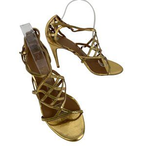 Tory Burch Gold Strappy High Heel Sandals 10M All Leather Made In Brazil Womens